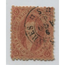 ARGENTINA 1865 GJ 20i RIVADAVIA ESTAMPILLA DE TERCERA TIRADA VARIEDAD PAPEL RAYADO U$ 85 MATASELLO 9-AGO-1865